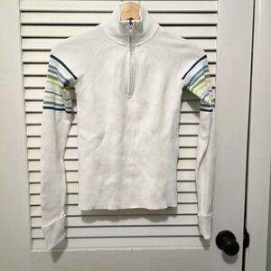 Stylish White Sweater with Blue and Green Stripes